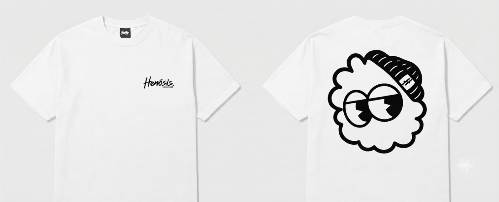 Camiseta Henosis branca, frente e costas