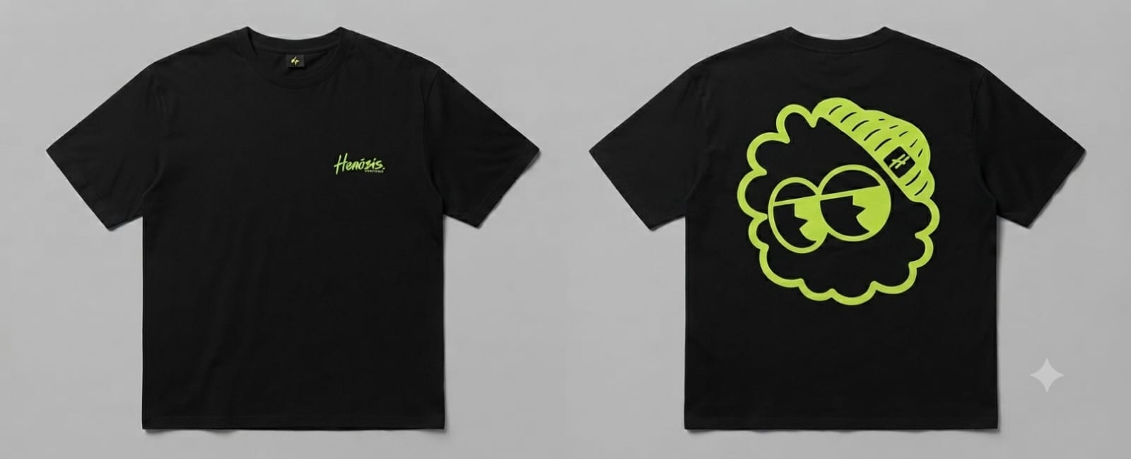 Camiseta Henosis preta, frente e costas
